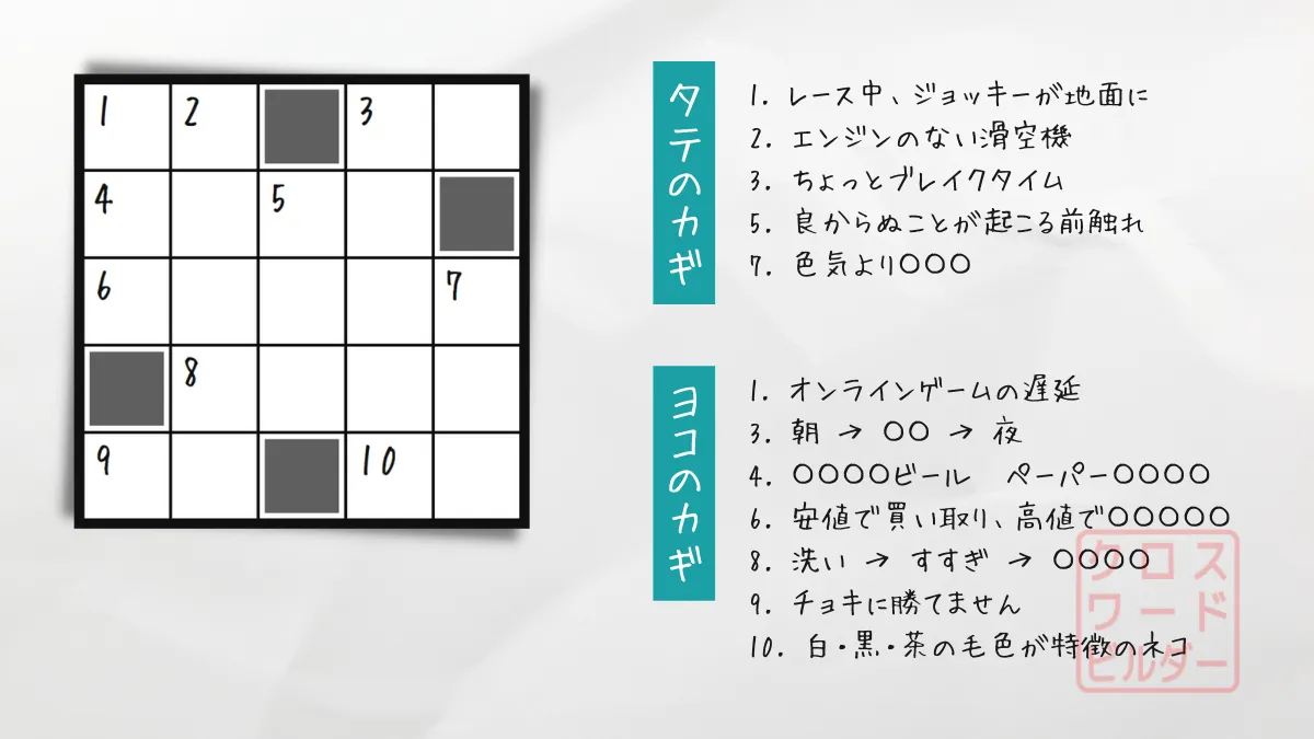 クロスワードパズル4・問題「レース中、ジョッキーが地面に」